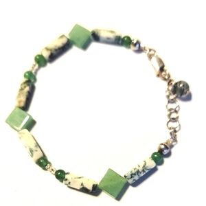 Elegant Green Tree Agate & Jade Adjustable 7" Beaded Bracelet .925 Silver Clasp